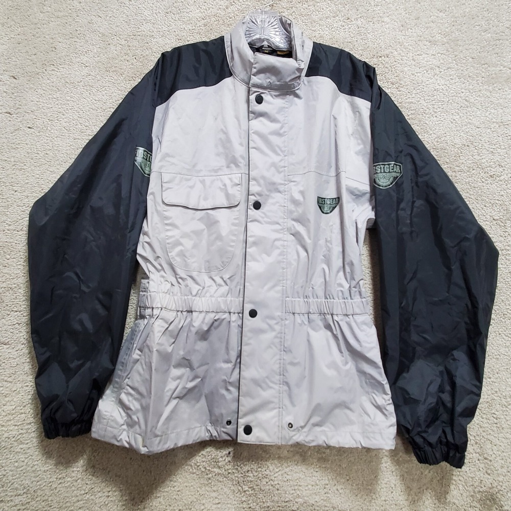 First Gear Motorcycle Rain Jacket Mens Medium White Black 100% Nylon Long Sleeve
